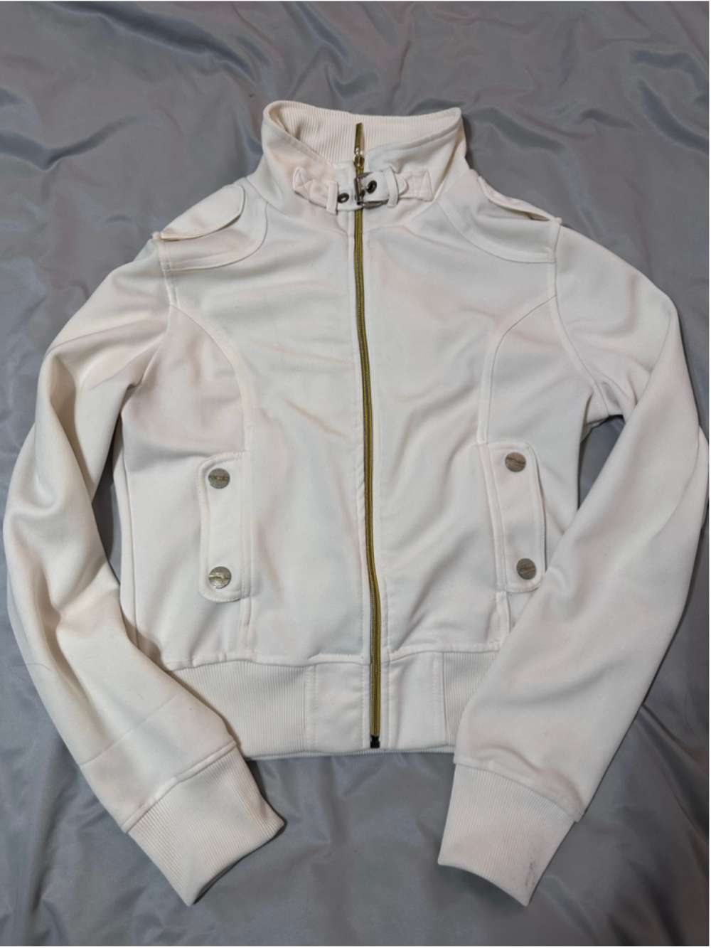 Rocawear Women’s M White Zip Up Jacket Y2K Gold Hardware Moto Style